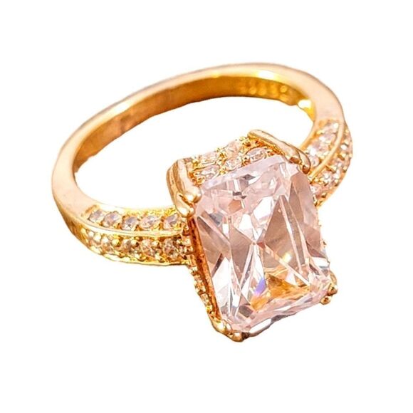Gold Over Sterling Silver Emerald Cut Large CZ Ring - Picture 1 of 13